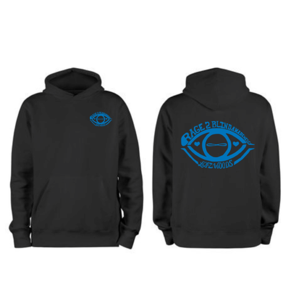 image of black hoodie with a blue logo of LFZWOODS